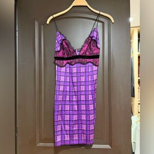 La Perla Purple Plaid Lace-Trim Slip Dress